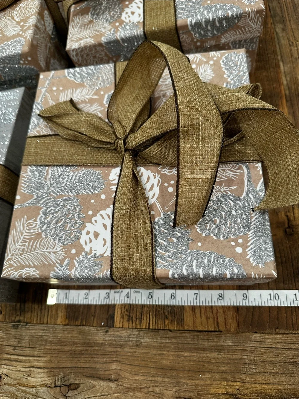 Rustic Brown & Silver Gift Boxes with Brown Ribbon - Home Party Supplies